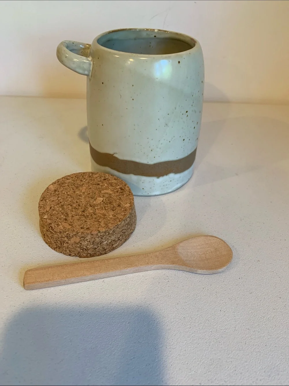 NEW Hand Painted Speckled Stoneware Jar Green Trees Cork Lid and Wooden Spoon